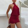 Women Sleeveless Neck Backless Tie Bodycon Mini Dress with Ruched for Evening Party Clubwear