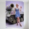 Sexy Blonde Woman with Tank Tin Sign Vintage Metal Poster, Light Blue Dress & Black Sandals, Aged Tank Background, for Home Cafe