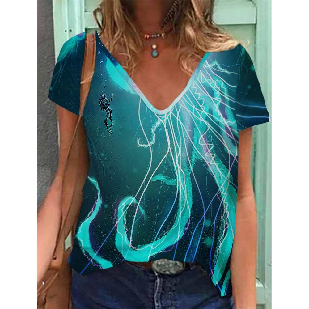 Women's T-shirts Summer Gradient Graphics Tops V Neck Fashion Female Vintage Clothing Floral Print