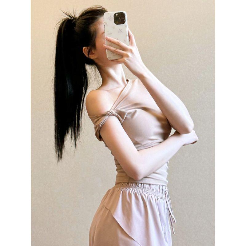 Fashion Stylish Yoga Short Sleeve Women's Slim-Fit Oblique Shoulder Sports T-Shirt Women's Fancy Sexy Workout Clothes Summer New Arrival