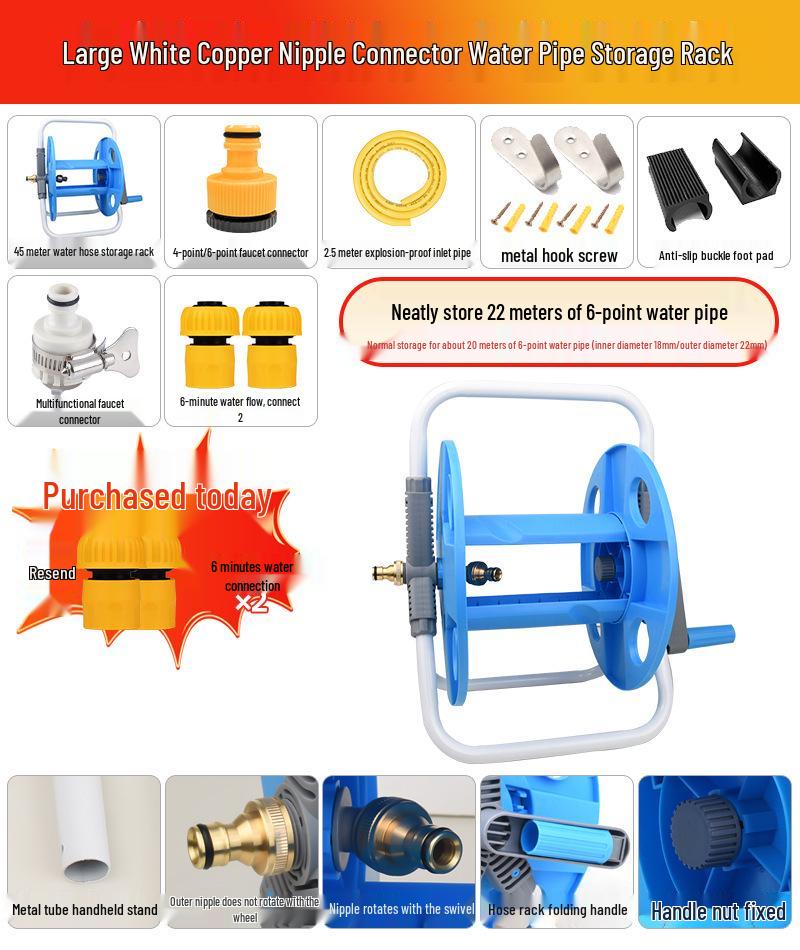 Car Wash Hose Reel & Storage Rack with 25-30 Meter Water Gun for 4 & 6-point Pipes