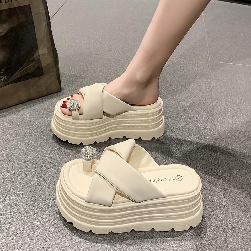 

Women High Platform Slippers New 2025 Summer Beach Flip-Flops Ladies 8.5CM Wedge Heels Flock Shoes Woman Outside Chunky Sandals 34 бежевий