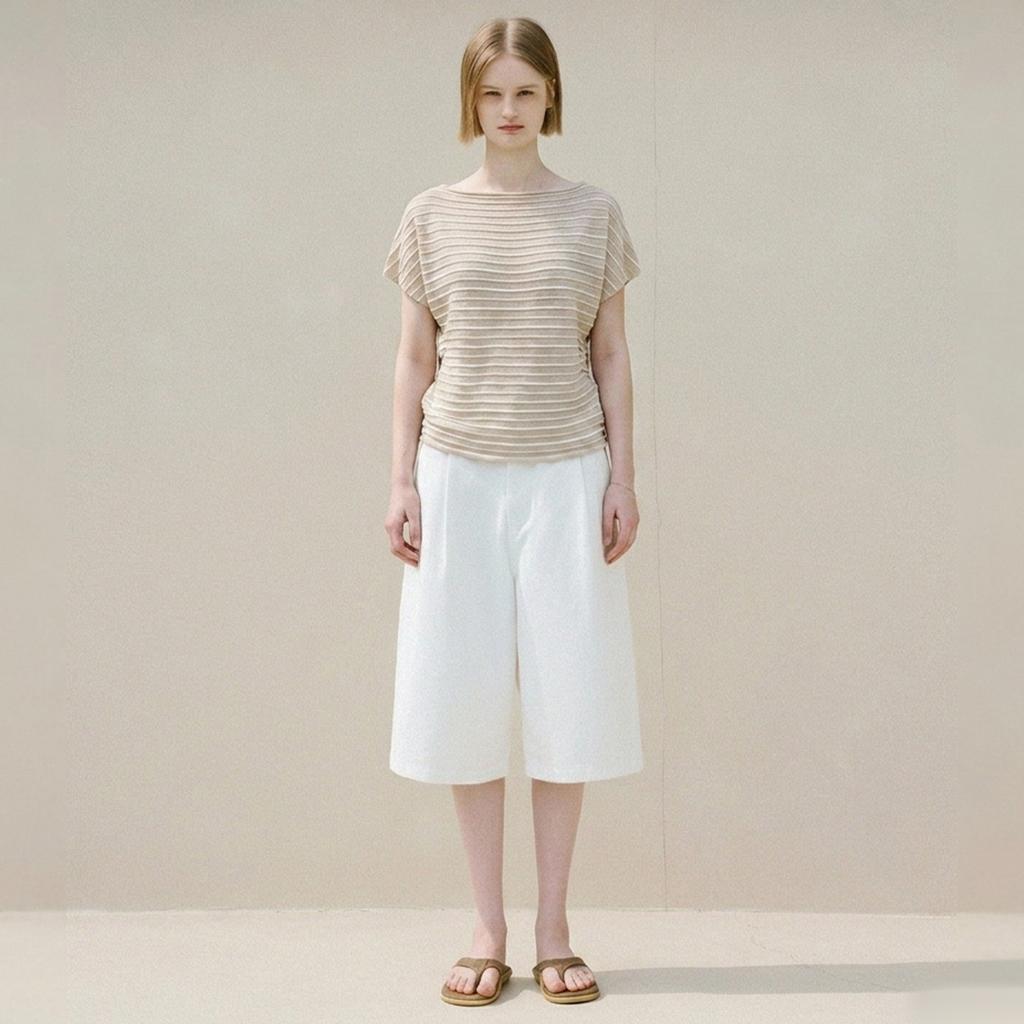 Quiet luxury linen lyocell knitted T-shirt women's summer temperament commuting senior slim-fitting short-sleeved linen cotton striped top