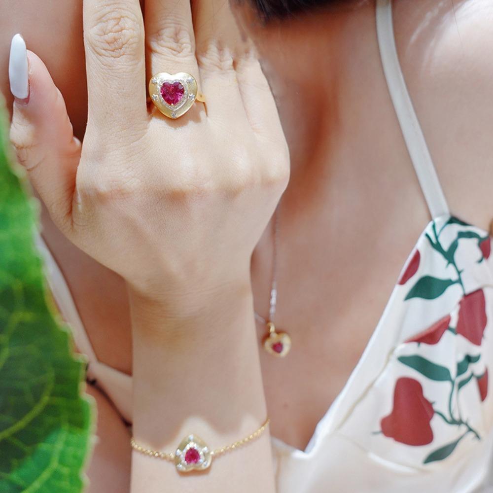 Women Fashion Jewelry Set Italian Gold Plated Heart Ruby Red Necklace Ring Earrings Bracelet Combo