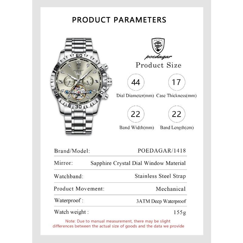 POEDAGAR Top Luxury Men Watch Automatic Date Week Man Wristwatch Hollow Tourbillon Mechanical Stainless Steel Watches