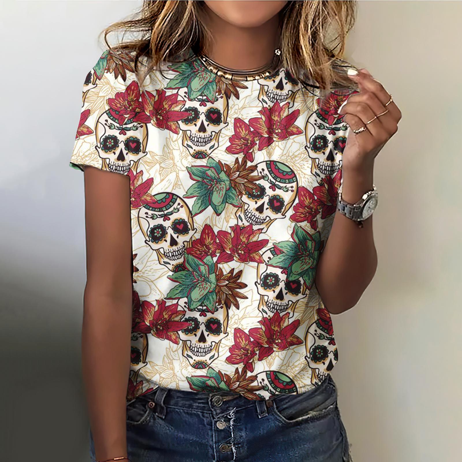 

Летние футболки с 3D-принтом «Цветок и череп», женская уличная одежда, повседневная мода 2000 года, футболка с коротким рукавом, футболки с круглым вырезом, топы, одежда L