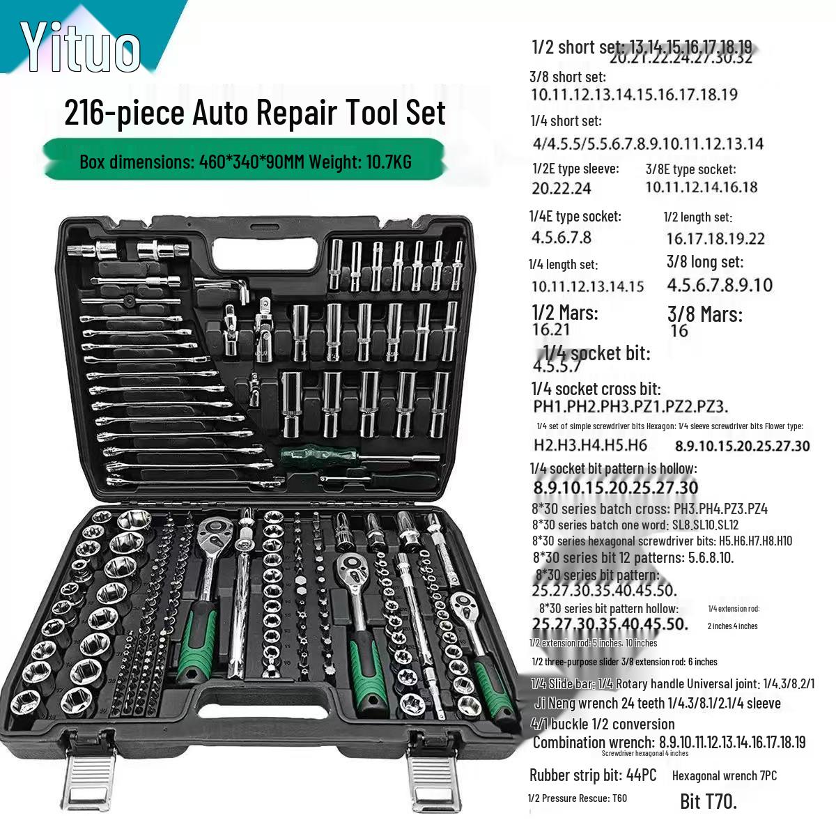 216-Piece Auto Repair Tool Set with Ratchet, Wrench & Socket