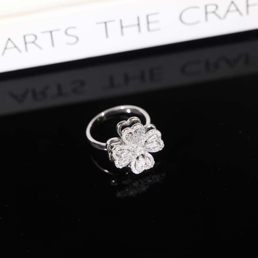 

Party Jewelry Windmill Korean Style Women Finger Rings Four-leaf Clover Rings Spinning Zircon Rings серебряный