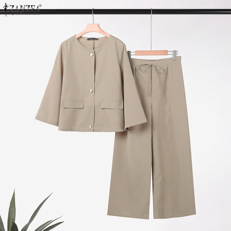 ZANZEA Damen Langarmbluse und lockere Hose Lässige zweiteilige Anzugsets