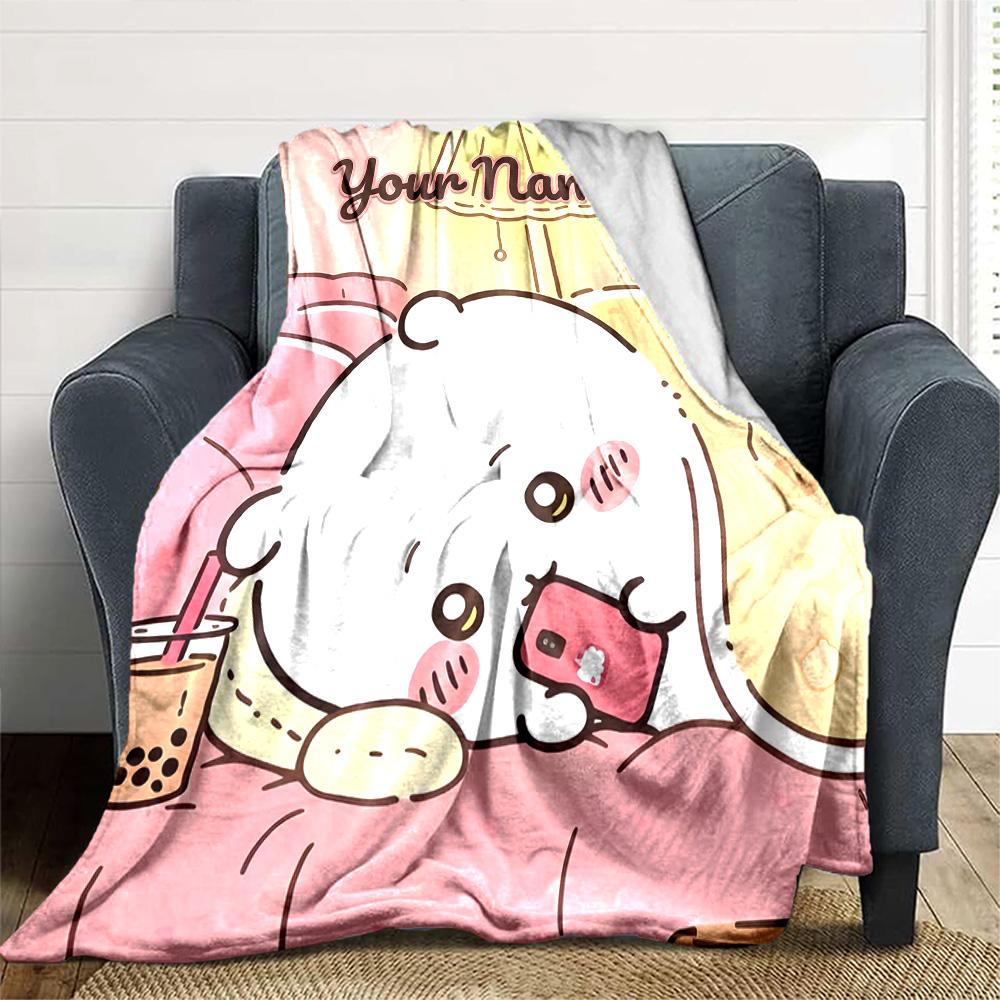 1pc Chiikawa Blanket with Custom Name, Gift, for Men and Women, Soft Blanket, Good for Sofa Bed Couch Travel, Lightweight Flannel Blanket
