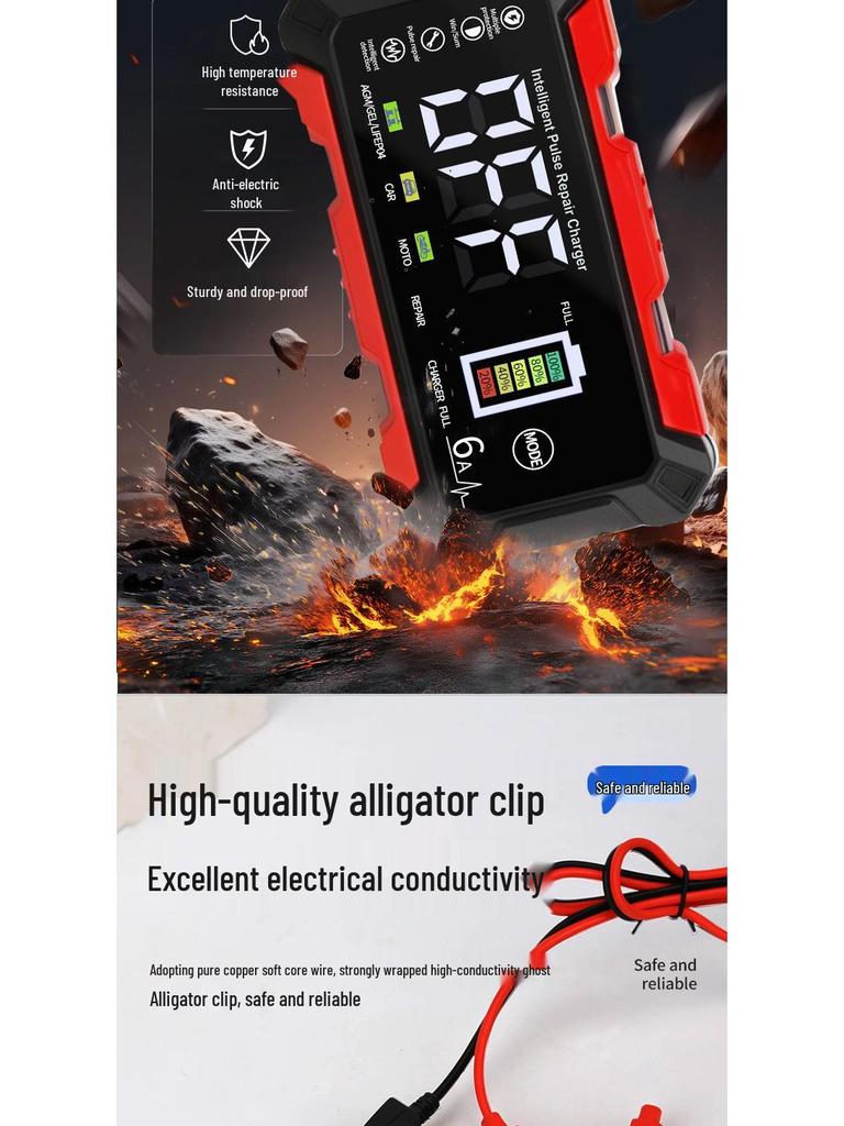 12V 6A Car & Motorcycle Lead-Acid Battery Charger & Repair Device