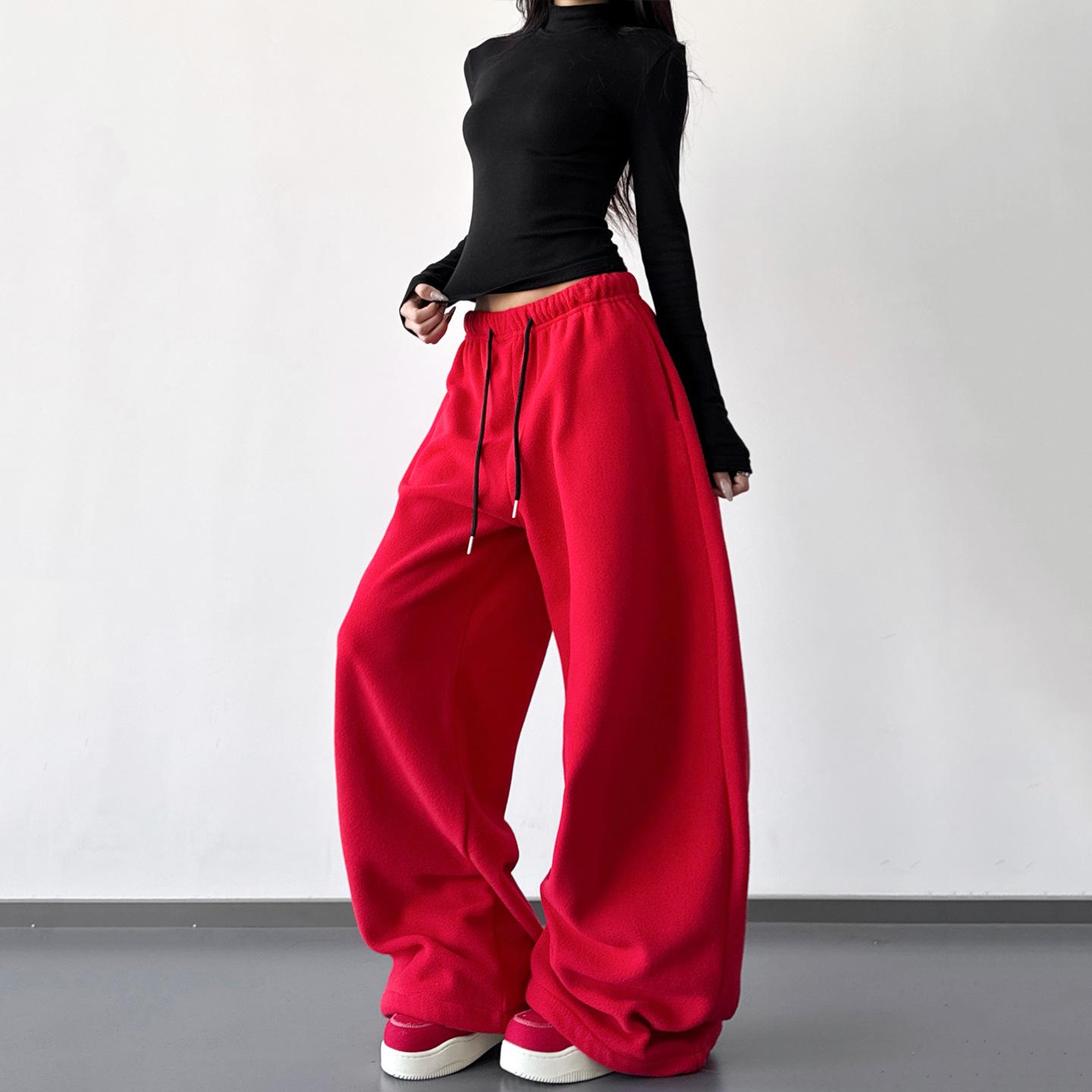 

High-Waisted Korean Style Wide-Leg Sweatpants for Women - 2025 Winter Collection, Loose Fit, Slimming, Perfect for Commuting Large червоний