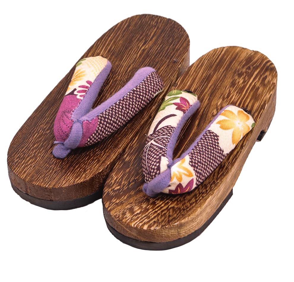 Geta for Burnt Paulownia Geta with Japanese Pattern Straps for Girls [KYOETSU] Kids, (19.5cm, G19)