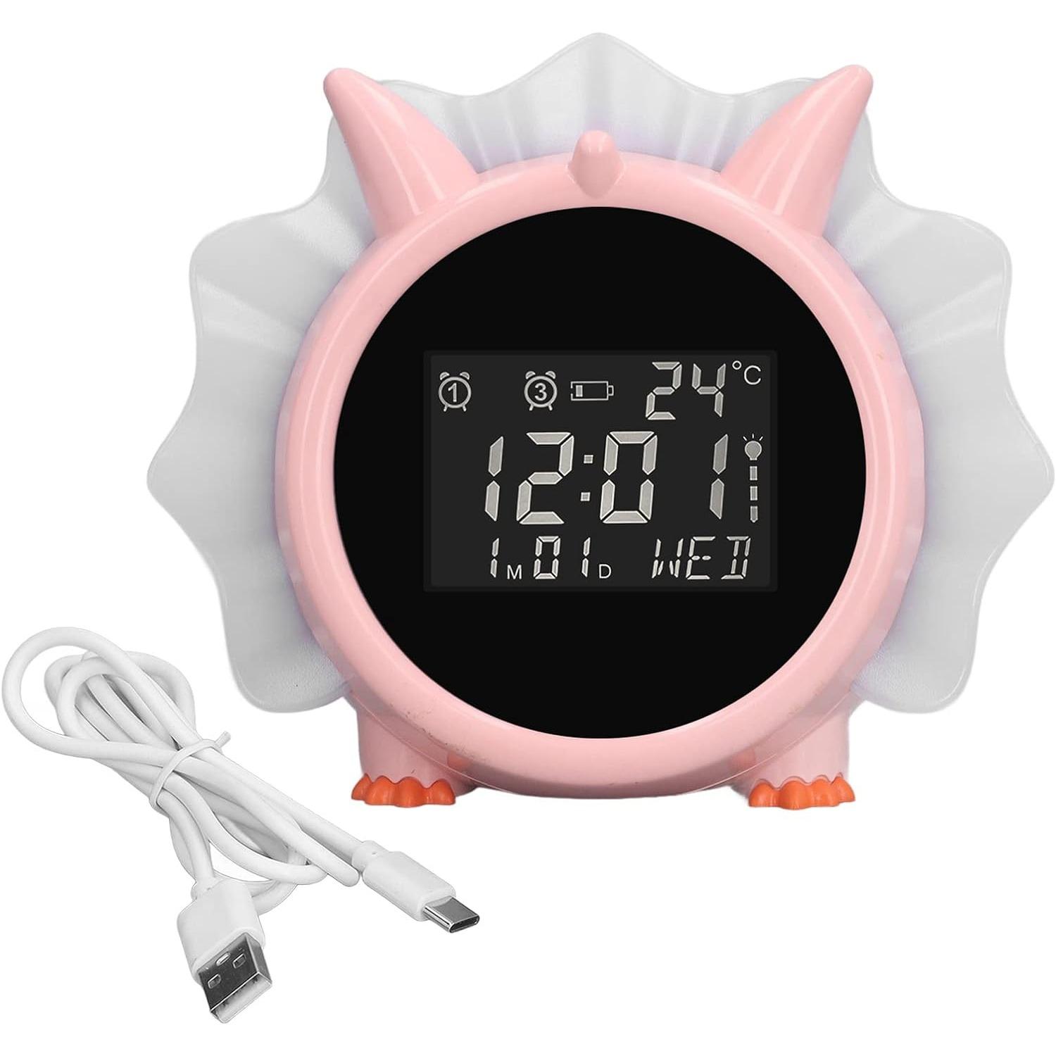 

Детский будильник с динозавром, тренажер для сна, многофункциональный электронный светодиодный будильник на кровать для детей, девочек, детей, будильник, ночник 13.3*11.7*11.2cm розовый