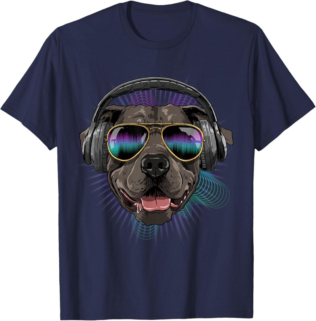 Music Pit Bull DJ Graphic Print Men's Cotton Crew Neck T-Shirt Summer Trip Tee