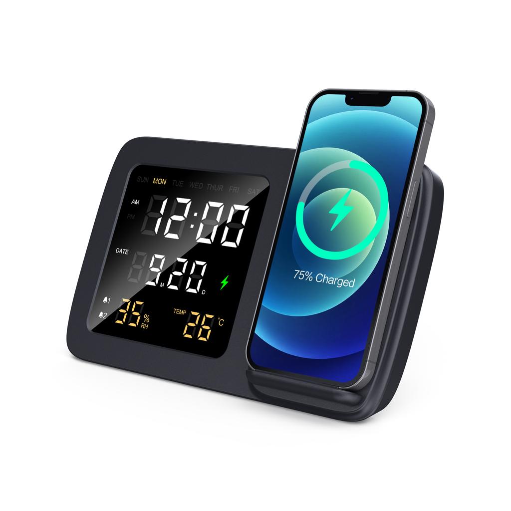 Foldable Desk Dual 15W Wireless Charger Mobile Phone Stand with LED Light Digital Alarm Clock Calendar Temperature Snooze Mode