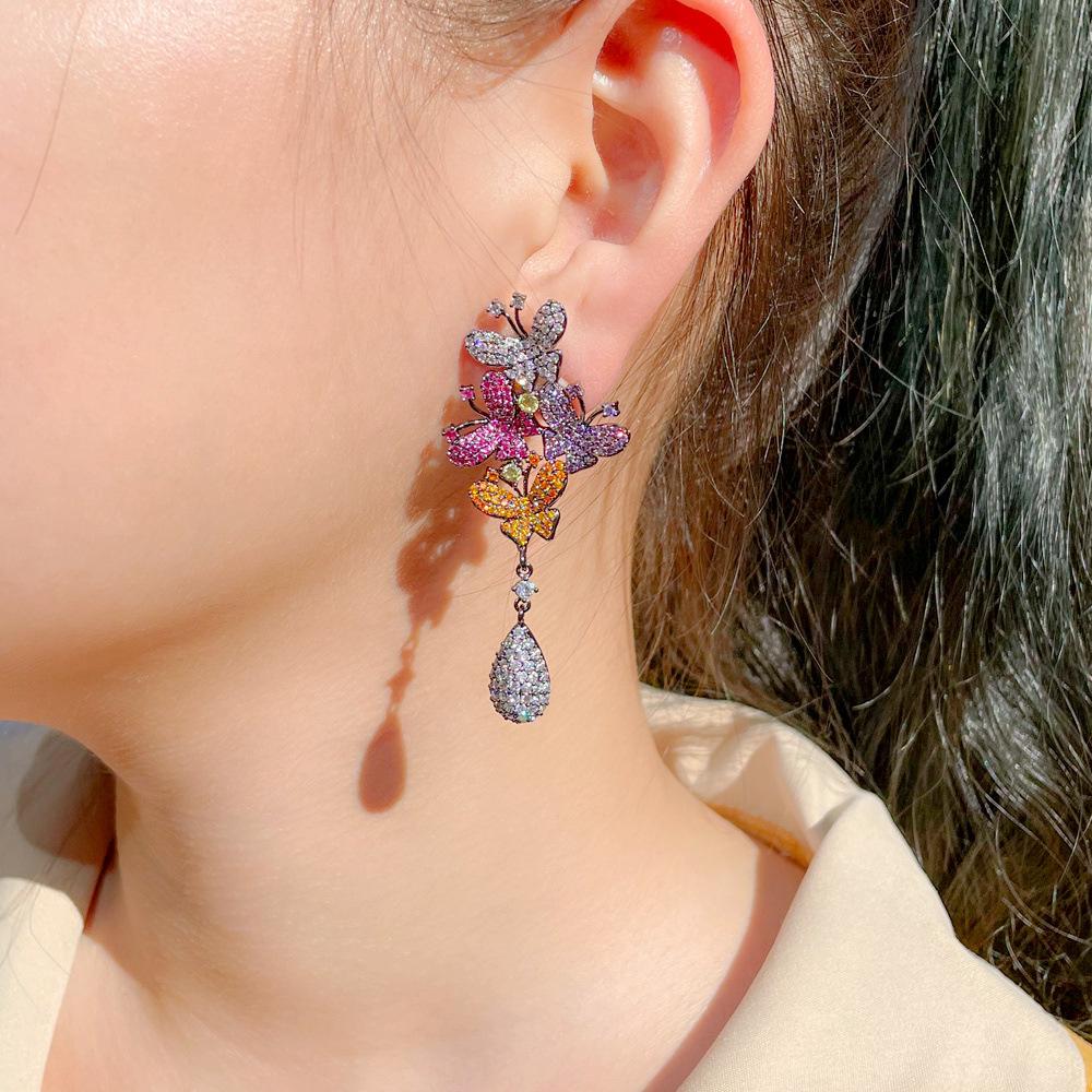 Elegant Temperament French Court Style Heavy Industry Colored Zircon Butterfly Earrings, Personalized Insect Retro Earrings