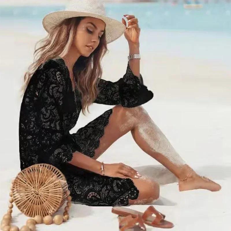 Estivo  Boho Uncinetto Bianco Lavorato a Maglia Scollo a V Bordi a Festone Pizzo Vestito Donna Abito da Spiaggia Tunica Pareo Bikinì Copricostumi Vestaglia Costumi da Bagno