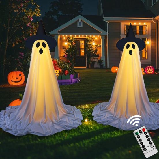 Large Lighted Ghost Halloween Decoration Outdoor Standing Light-up White Ghost with Witch Hat for Home Yard Garden Lawn Porch Decor