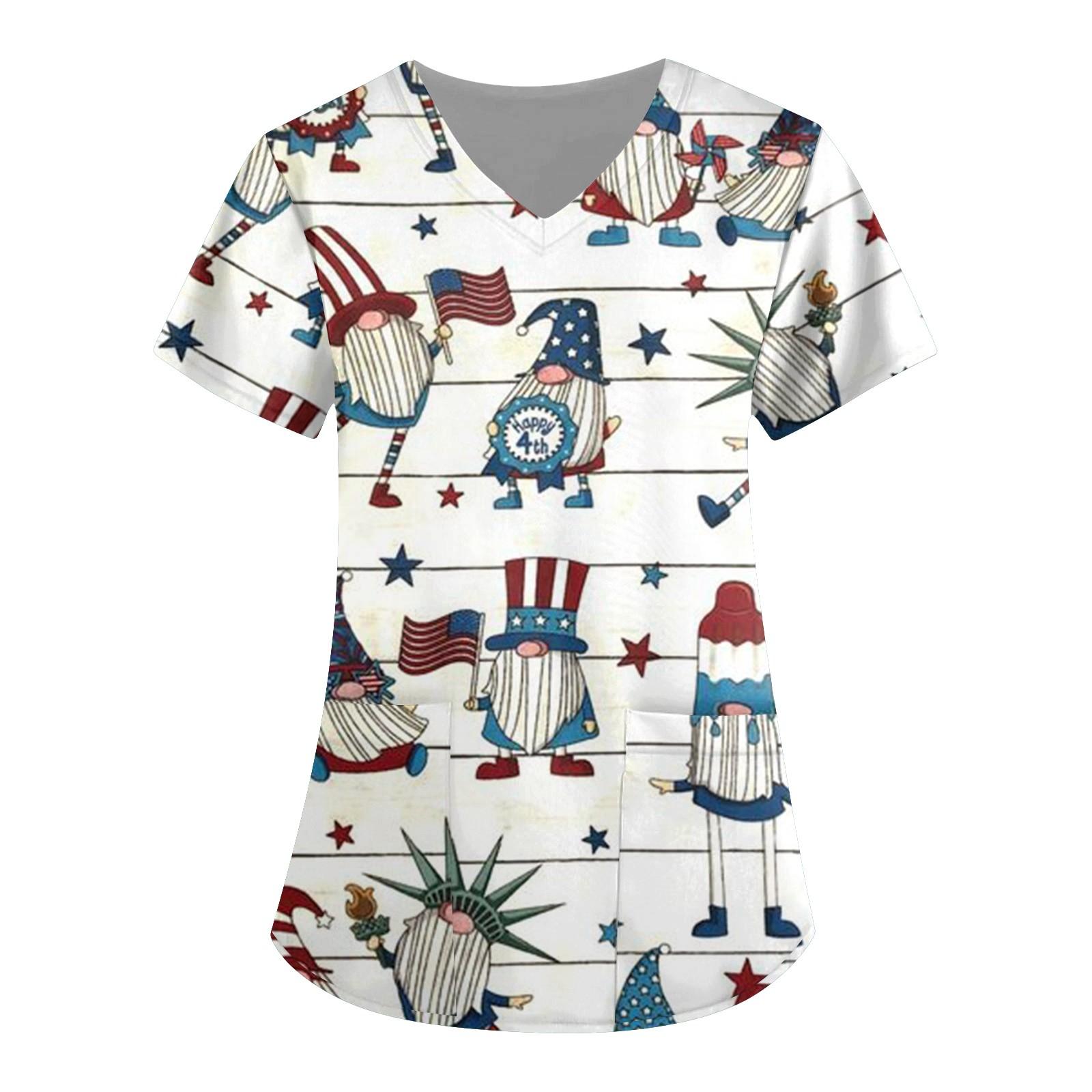 

Женские топы с короткими рукавами и v-образным вырезом с принтом, рабочая блузка с карманами и принтом ко Дню независимости XL белый