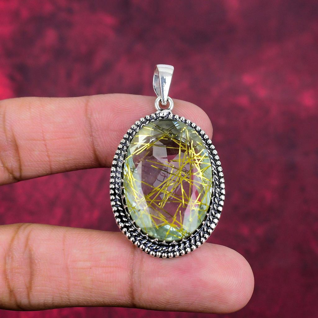 Golden Rutile Jewelry Handmade Gemstone Pendant, 925 Sterling Silver Antique Jewelry Pendant, For Engagement Gift