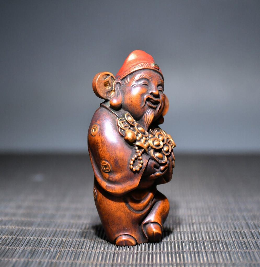 Chinese Boxwood Beautiful Wood Carved Painted Mammon Figure Statue Nice Art Work