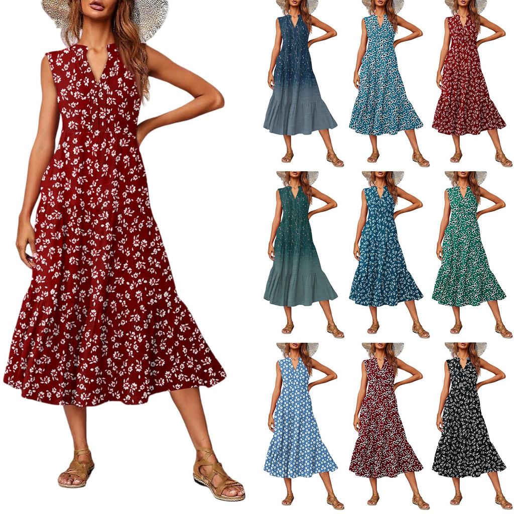 Women's Casual And Fashionable V-neck  Sleeveless Printing Mid Length Dress