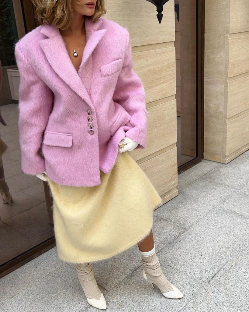 2024 Rose Pink Long-Haired Suit Jacket: European American Women's Street Fashion