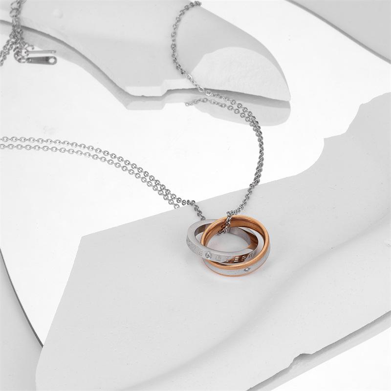 Eternal Love Hip Hop Stainless Steel Couple Pendant Necklace with Double Ring Diamond Inlay for Men and Women