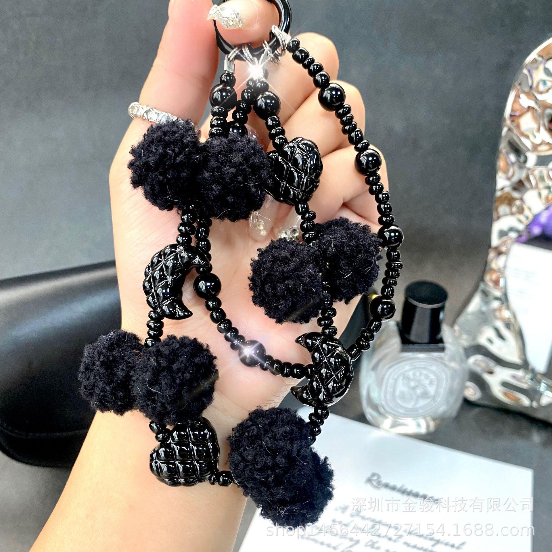 Plush Phone Chain Moon Heart Pom-Pom Phone Strap Autumn Winter New Double Chain Pendant Bag Chain with Spacer Black【Includes gasket