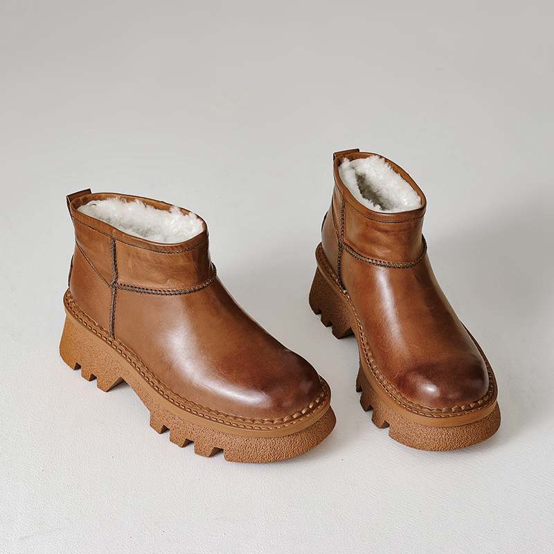Krazing Pot Skóra Krowia Futro Wełna Zimowe Buty Śniegowce Damskie Utrzymujące Ciepło Wsuwane Europejski Design Odporne na Zimno Botki