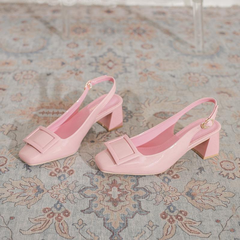 

Обнаженные туфли на высоком каблуке с квадратным носком, женские туфли на толстом каблуке, лето 2025, новинка, лакированная кожа, французская пряжка, простые сандалии с задником и открытым носком 40