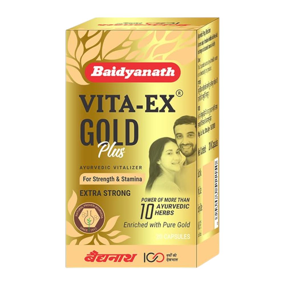

Baidyanath Vita Ex Gold Plus 10 Capsules Ayurvedic Strength Energy Stamina Booster With Natural Minerals