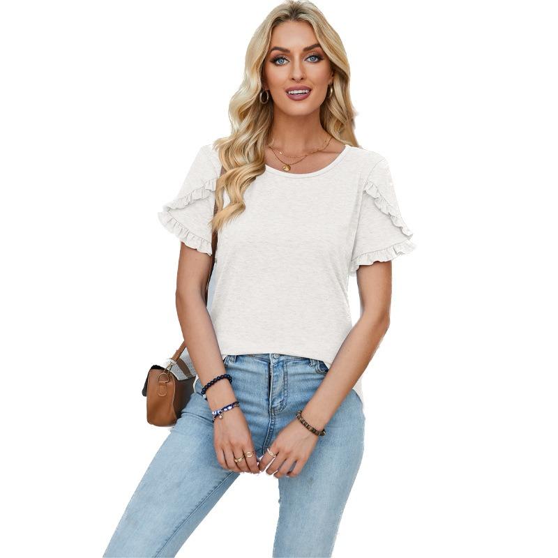 HNXC Women's Fashion Casual Solid Color Print Short Sleeve O Neck Blouses & Shirts