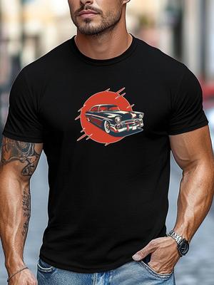 Mens Summer Retro TShirt Vintage Car Red Sun Print Short Sleeve Round Neck Breathable Oversized Classic Daily Wear