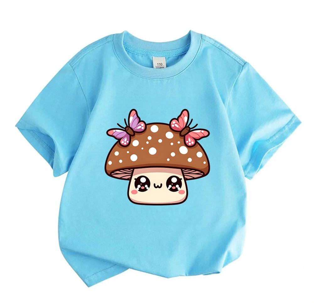 Kids Boys Girls 100% Cotton Crew Neck Short Sleeve T-Shirt, Cute Cartoon Mushroom with Butterflies Pattern Casual Soft Tee for Toddlers Everyday Wear