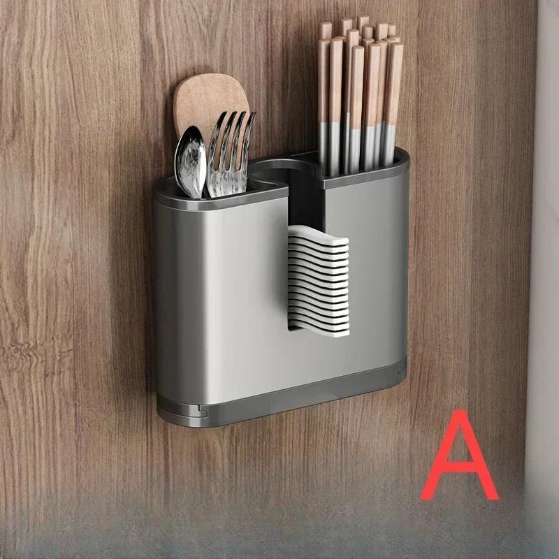 Kitchen Storage Chopsticks Tube Rack Wall-mounted Hanging Punch-free Drain Aluminium Chopsticks Cage Storage Kitchen Organizer