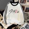 Stray Kids Fleece Lined Sweatshirt Striped Long Sleeve Crewneck Casual Pullover Kpop Fan Merchandise Winter Warm Oversized Grey Stylish Top