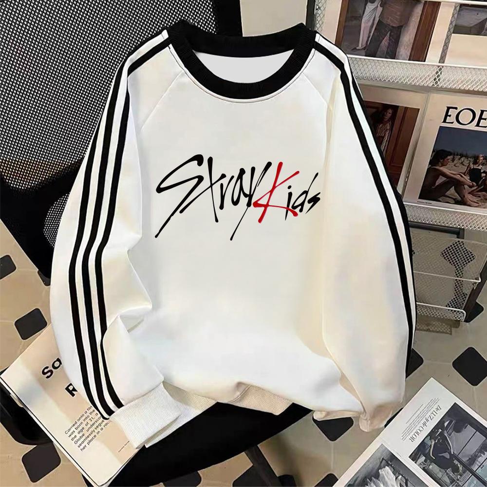 Stray Kids Fleece Lined Sweatshirt Striped Long Sleeve Crewneck Casual Pullover Kpop Fan Merchandise Winter Warm Oversized Grey Stylish Top