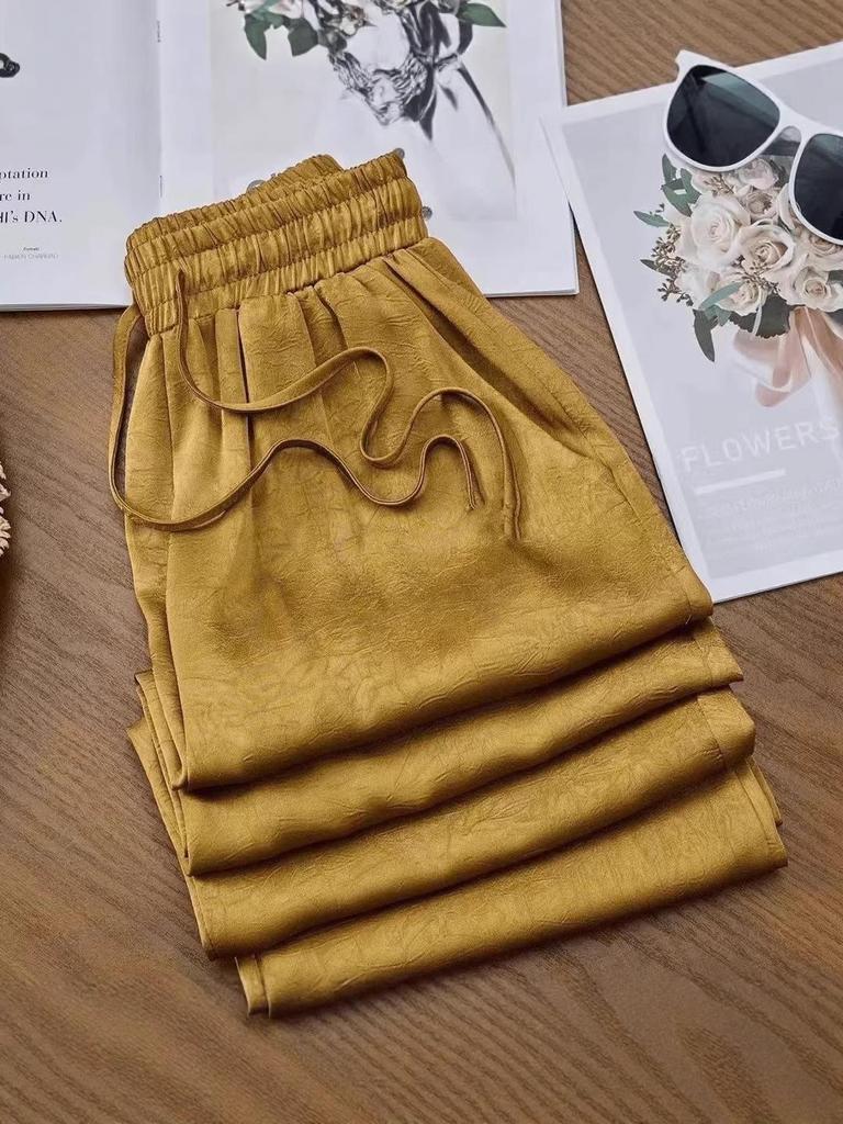 Women's High Waist Ice Silk Wide Leg Pants - Summer Sun Protection, Acetate Satin, Jacquard Design