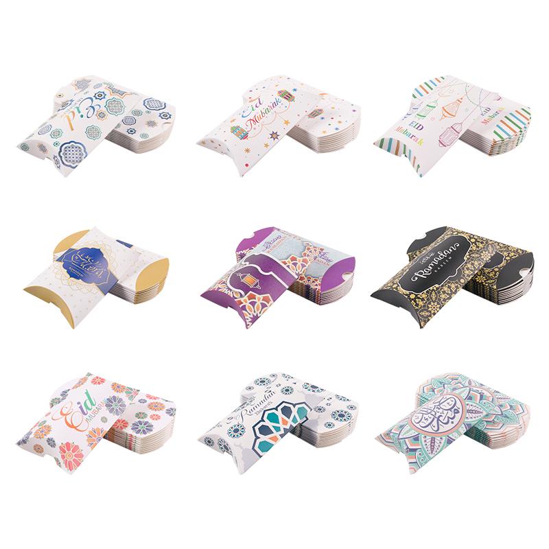 10pcs Eid Mubarak Pillow Shape Candy Boxes 2024 Ramadan Kareem Decoration Kraft Paper Gift Box Packing Bax Islamic Muslim Party