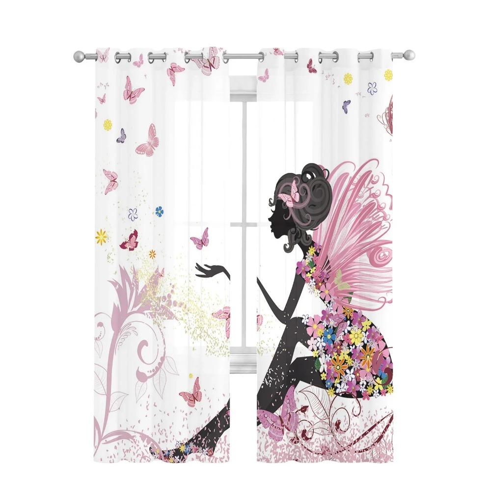 Cartoon Butterfly Flower Fairy Girl Pink White Chiffon Sheer Curtains Living Room Bedroom Decoration Window Voiles Tulle Curtain