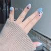10pcs Short Round Blue White Glitter Cat Eye Press On Nails With Black Star Design Reusable Y2K False Nail Tips