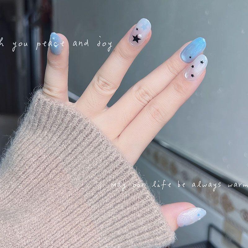 10pcs Short Round Blue White Glitter Cat Eye Press On Nails With Black Star Design Reusable Y2K False Nail Tips