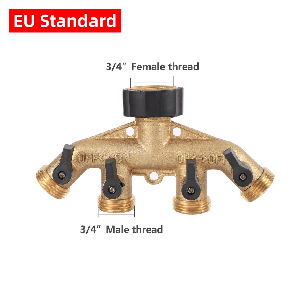 Brass EU/US 3/4" Female/Male Thread 4-Way Water Splitter With Valve Garden Irrigation Multi-Way Joint Tap Pipe Nipple Connector