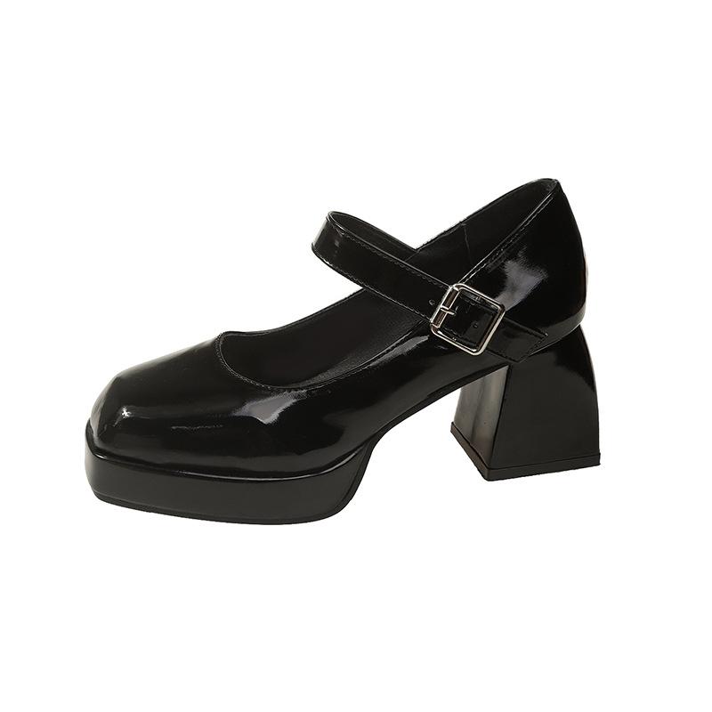 Mary Jane shoes thick heel waterproof platform thick sole heightening Japanese Spice Girl patent leather black temperament French high heel small lea