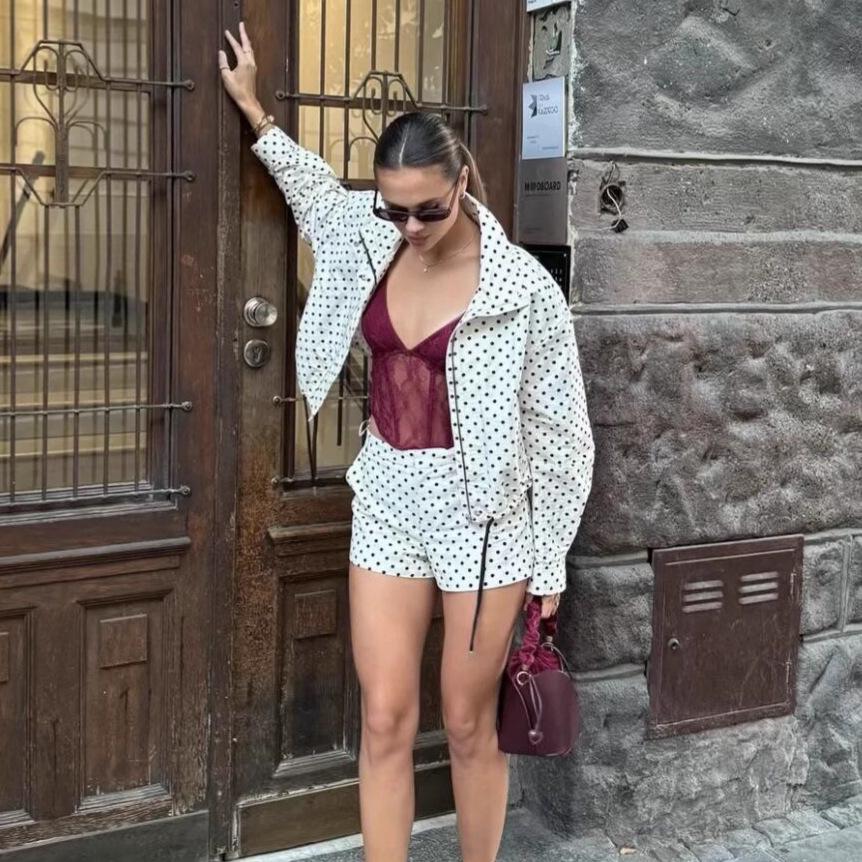 European & American Style Women's Polka Dot Bubble Jacket with Stand Collar