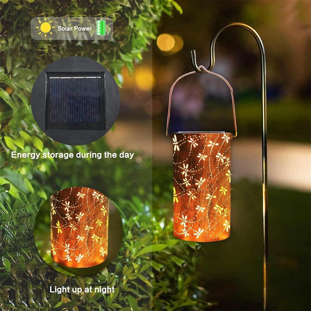 Solar Powered Lantern with Dragonfly Design Durable Metal Outdoor Hanging Light Solar Charged Lamp for Garden Pathway Landscape