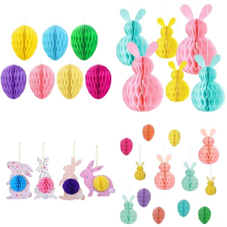 4/6/7Pcs Bunnies Eggs Hanging Decoration Paper Honeycomb Ornament For Wedding Birthday Baby Showers Holiday Party