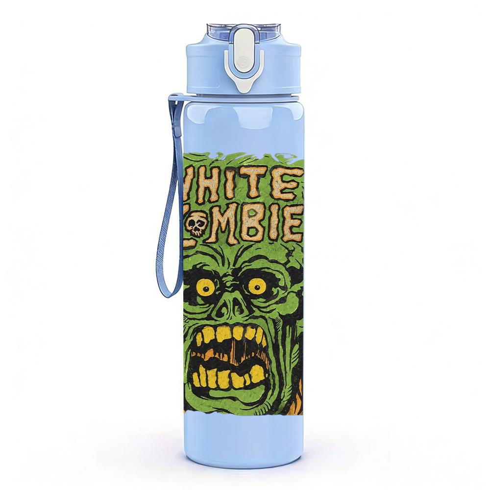 1PC Green zombie monster face print 750ml colorful plastic sports water bottle leakproof pop up lid with straw for outdoor work home use